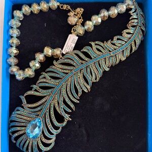 Heidi Daus Blue and Gold Feather Necklace Pretty as a Peacock